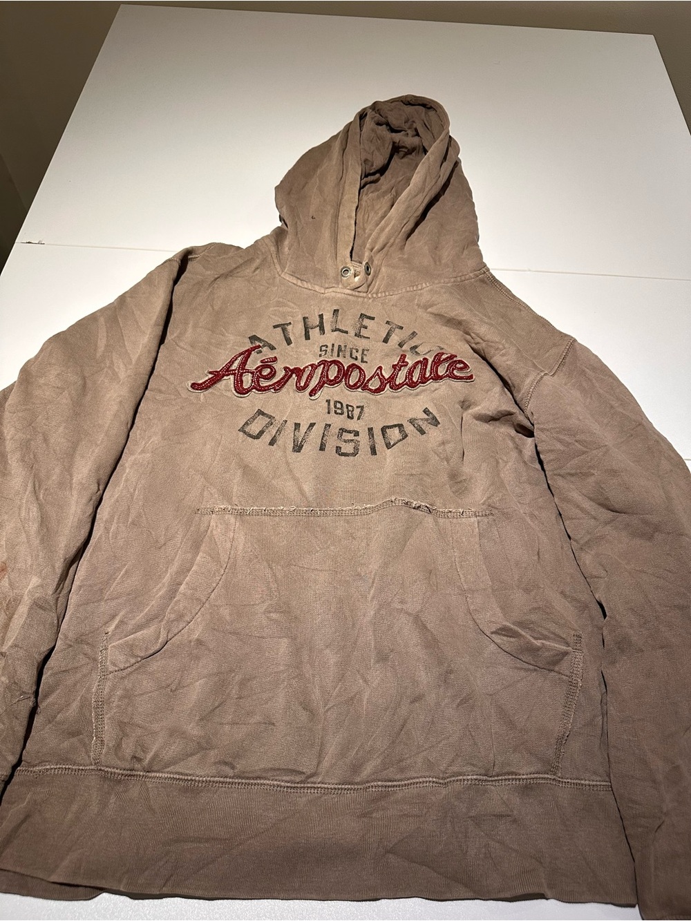 Aeropostale Men’s Taupe Brown Hooded Sweatshirt with Red Logo